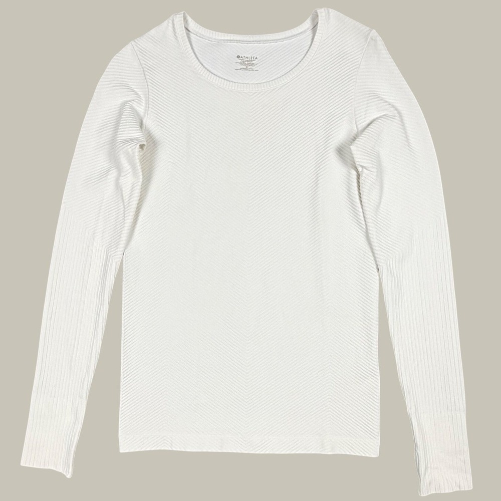 Athleta Women's White Ribbed Chevron Long Sleeve Top Small Workout Yoga